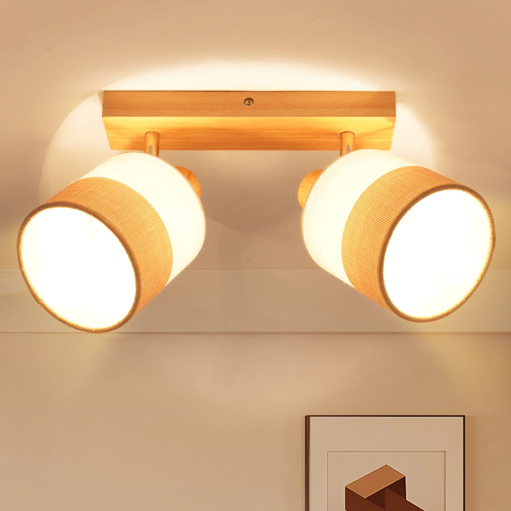 ZMH Faretto da soffitto vintage 2 luci E14 legno tessuto orientabili 350° max 25W senza lampadina