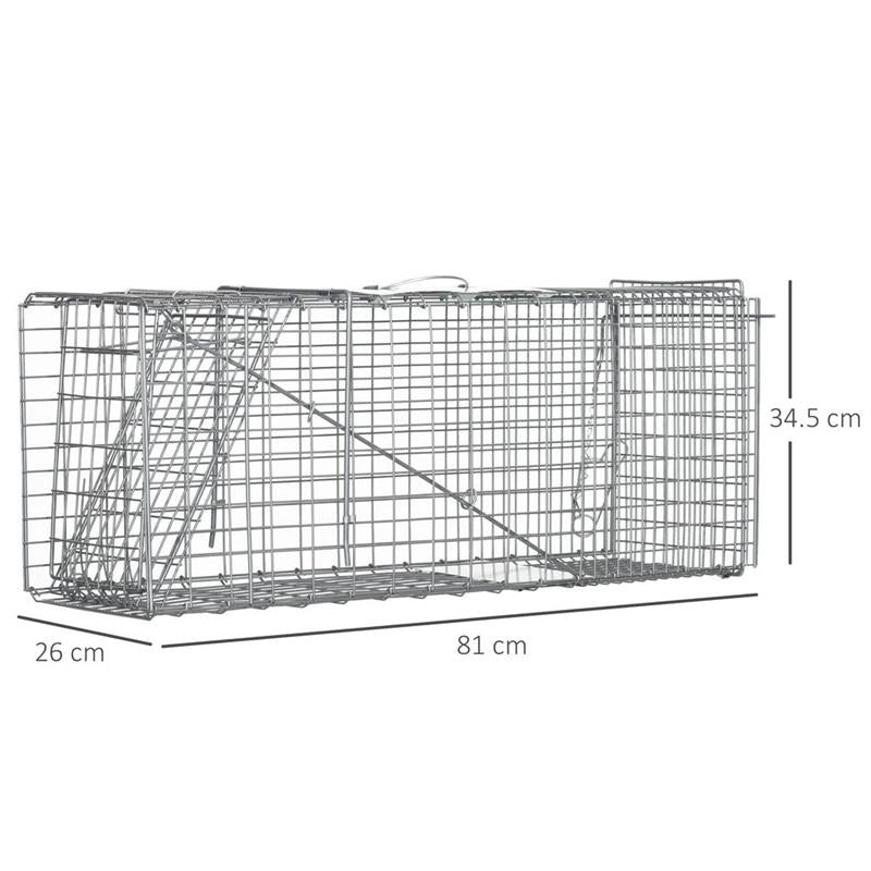 GABBIA TRAPPOLA PER ANIMALI VIVI PIEGHEVOLE IN ACCIAIO, 81X26X34.5CM, ARGENTO
