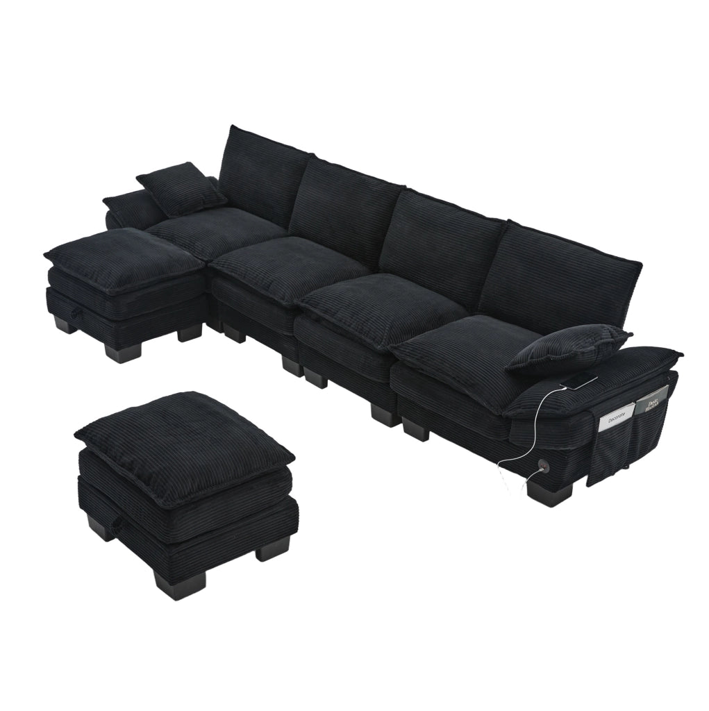 Divano modulare 4 posti con 2 pouf; USB-C; in corduroy nero; 330x132x84 cm