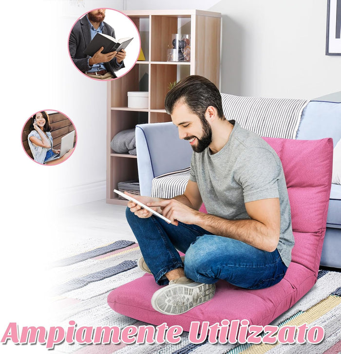 Sedia da Terra, Sedia da Pavimento con Posizioni Regolabili, Sedia Reclinabile Imbottita con Struttura in Acciaio Durevole, Facile da Conservare, Ideale per Salone Studio e Camera (Rosa)