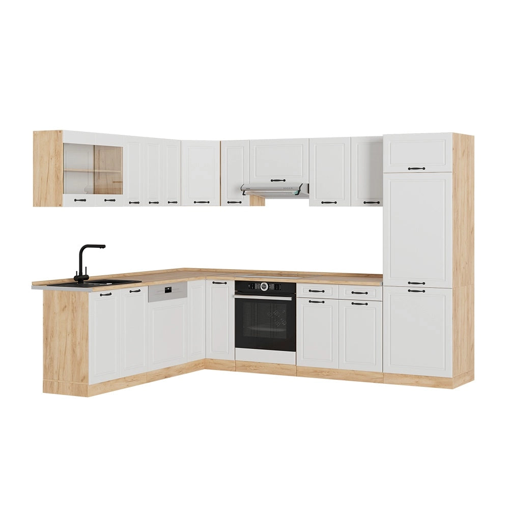 Cucina angolare completa R-Line Bianco rustico/Rovere dorato 287 x 227 cm, PL Rovere Vicco