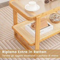 Tavolino Laterale in Bambù, Tavolino da Salotto a 2 Ripiani con Piano in Vetro e Ripiano in Rattan PE, Tavolino Basso e Multiuso per Camera da Letto e Soggiorno