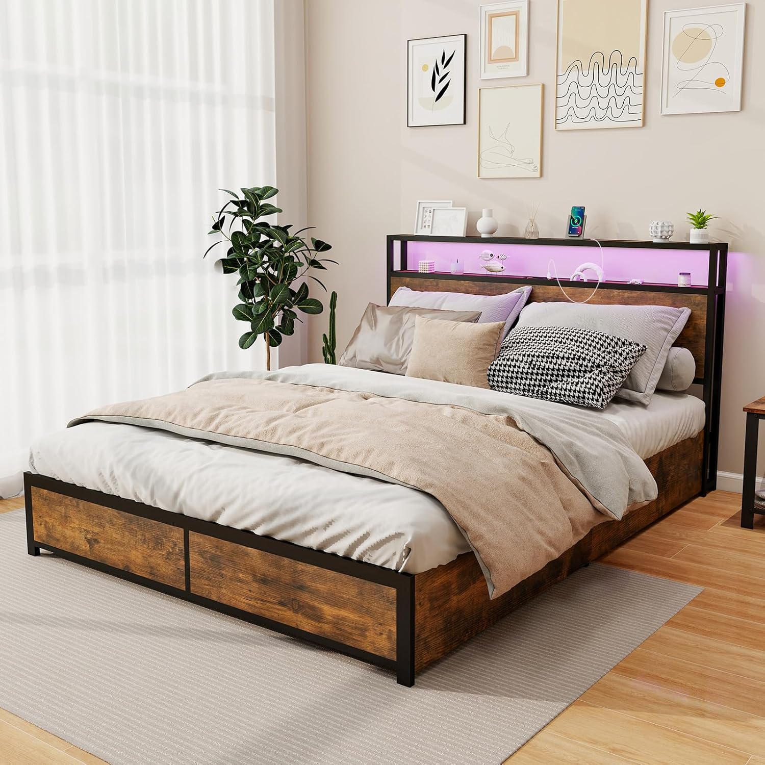 Letto con 4 Cassetti e Testiera, Struttura Letto 200x160 cm con Luci LED Regolabile e Presa Multipla, Carico Massimo 300kg, Silenzioso (200x160 cm)