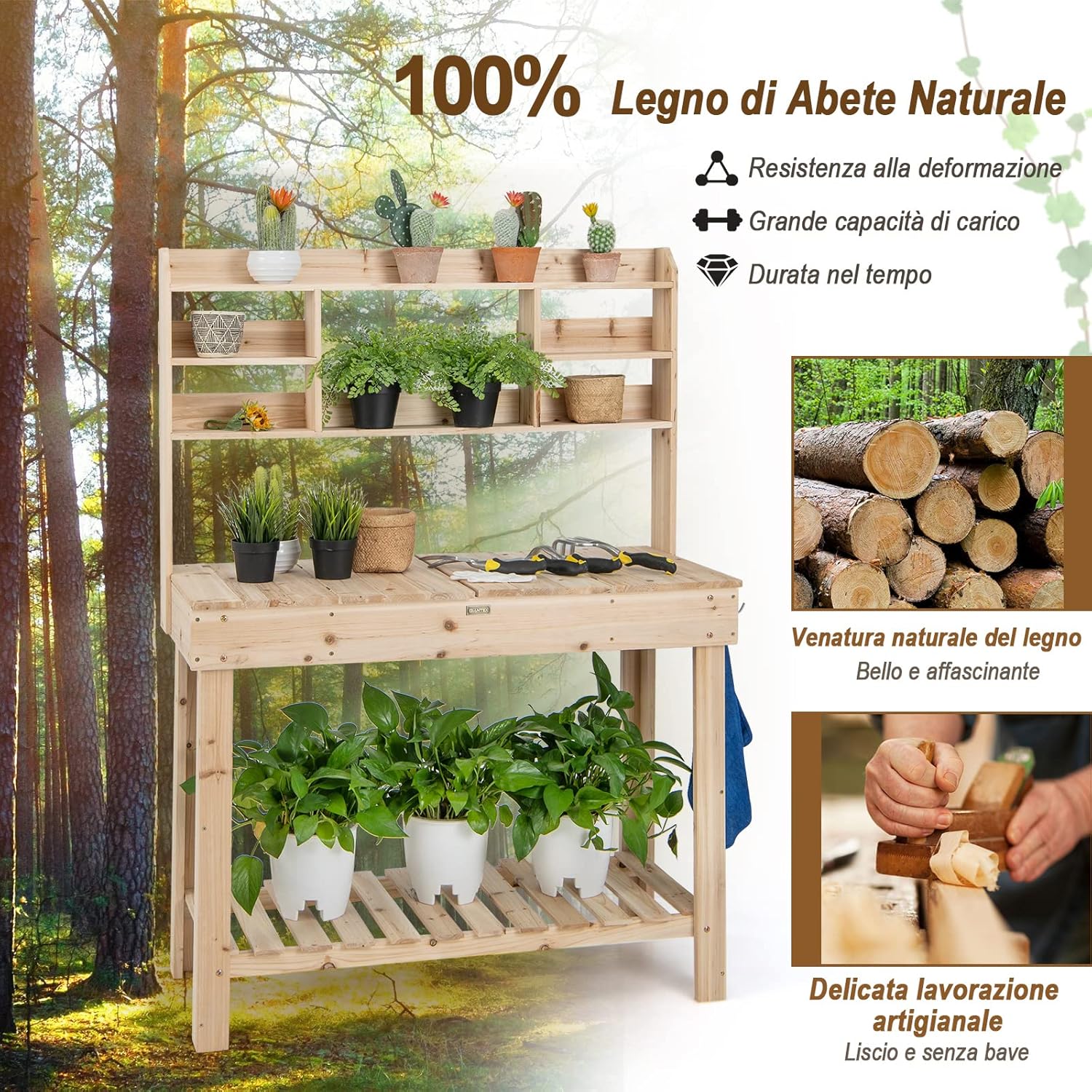 Tavolo da Lavoro per Giardinaggio con Tavolo Apribile, Scaffale, Ganci e Ripiano, Tavolo da Lavoro per Giardino, Patio e Cortile, Portata 151 kg, 110 x 50 x 153 cm