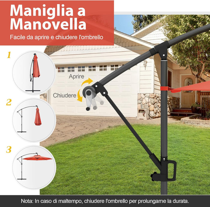 Ombrellone da Giardino ∅300 cm con 32 Luci LED, Ombrellone Prendisole con Rotazione di 360°, Inclinazione Regolabile, 8 Stecche, Manovella, per Giardino Piscina Cortile (Arancione)