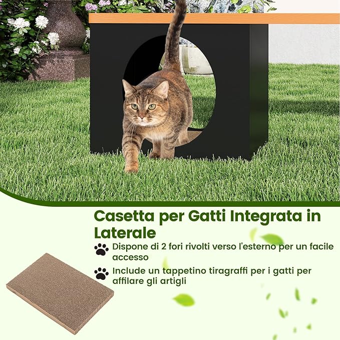 Panchina da Esterno in Metallo Lunga 150 CM con Cuccia per Gatti e Tappetino Tiragraffi, Seduta per 3 Persone, Portata 450 kg, Panchina Senza Schienale Resistente per Giardino
