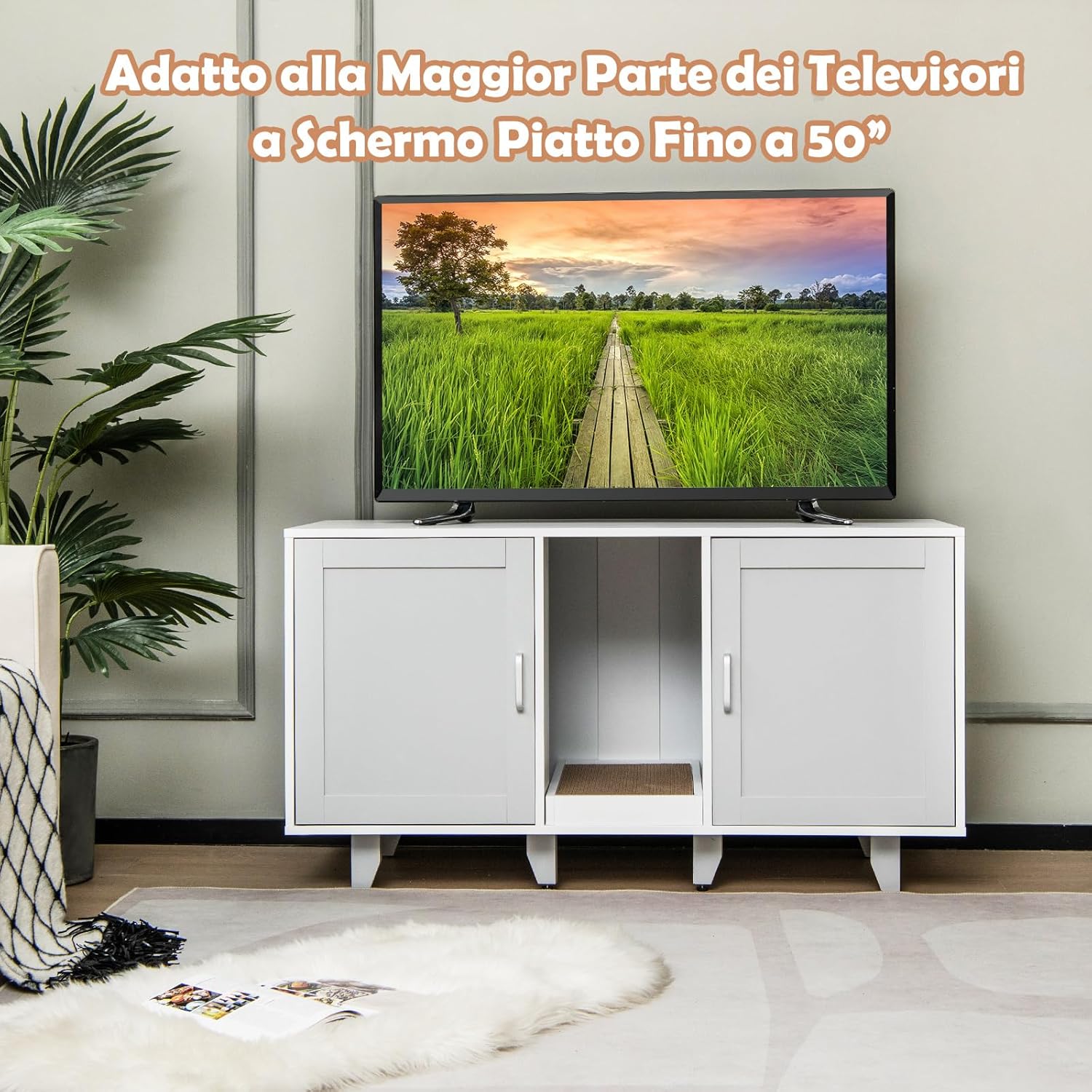 Mobile per Lettiera per Gatti 120 x 52 x 65 cm, Casetta per Gatti con 2 Ante, Fori, Tiragraffi e Gambe Staccabili, Mobile Versatile e Moderno per Salotto (Bianco e grigio)