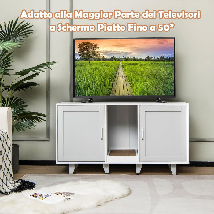 Mobile per Lettiera per Gatti 120 x 52 x 65 cm, Casetta per Gatti con 2 Ante, Fori, Tiragraffi e Gambe Staccabili, Mobile Versatile e Moderno per Salotto (Bianco e grigio)