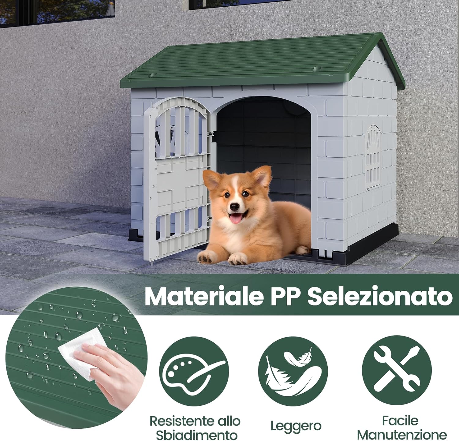 Cuccia per Cani da Esterno ed Interno, Cassetta per Cani con Porta Bloccabile, 3 Finestre e Tetto Inclinato, Cucce per Cagnolino in Plastica Impermeabile (Verde)