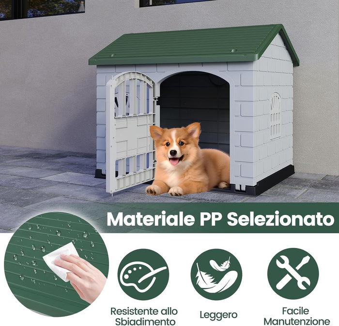 Cuccia per Cani da Esterno ed Interno, Cassetta per Cani con Porta Bloccabile, 3 Finestre e Tetto Inclinato, Cucce per Cagnolino in Plastica Impermeabile (Verde)