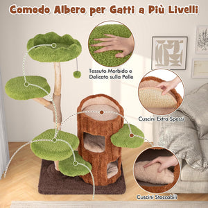 Tiragraffi a Forma di Albero per Gatti 141cm, Albero per Animali Domestici con 2 Piani, Pali per Graffiare, Pannello in Sisal, Trespolo Superiore e Piattaforma Rotonda, Torre Moderno Interno
