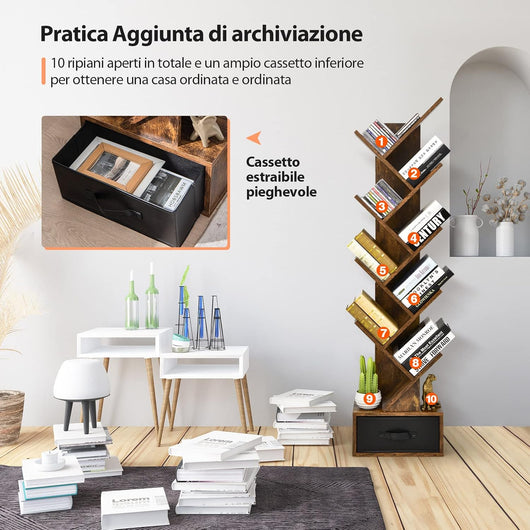 Libreria ad Albero in Legno, Scaffale a 10 Ripiani con Cassetto, Portaoggetti Autoportante per Soggiorno, Studio e Ufficio, 38 x 21,5 x 149,5 cm (Marrone)