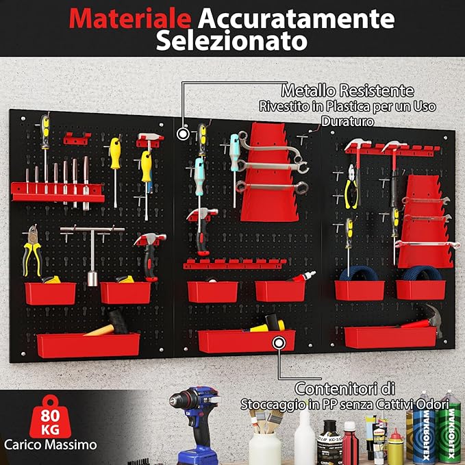 Pannello Forato da Muro, Organizzatore con 9 Contenitori, Supporti per Martelli, Portautensili e Ganci, Ideale per Garage e Officina (Rosso)