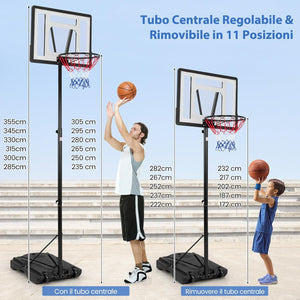 Canestro da Basket Portatile, Supporto Regolabile in Altezza a 8 Posizioni con Tubo Centrale Rimovibile, Base Ampia, Canestro da Basket da Interno e da Esterno
