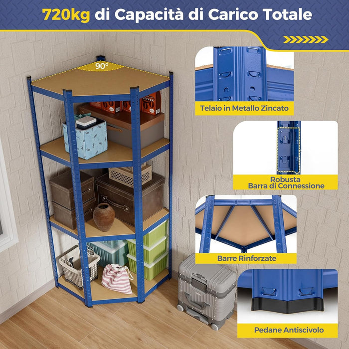 Scaffale ad Angolo a 4 Ripiani, Scaffalatura Regolabile per l'Archiviazione in Garage, Mensola Metallica Resistente, Carico 720 kg per Magazzino Dispensa e Cucina (Blu)