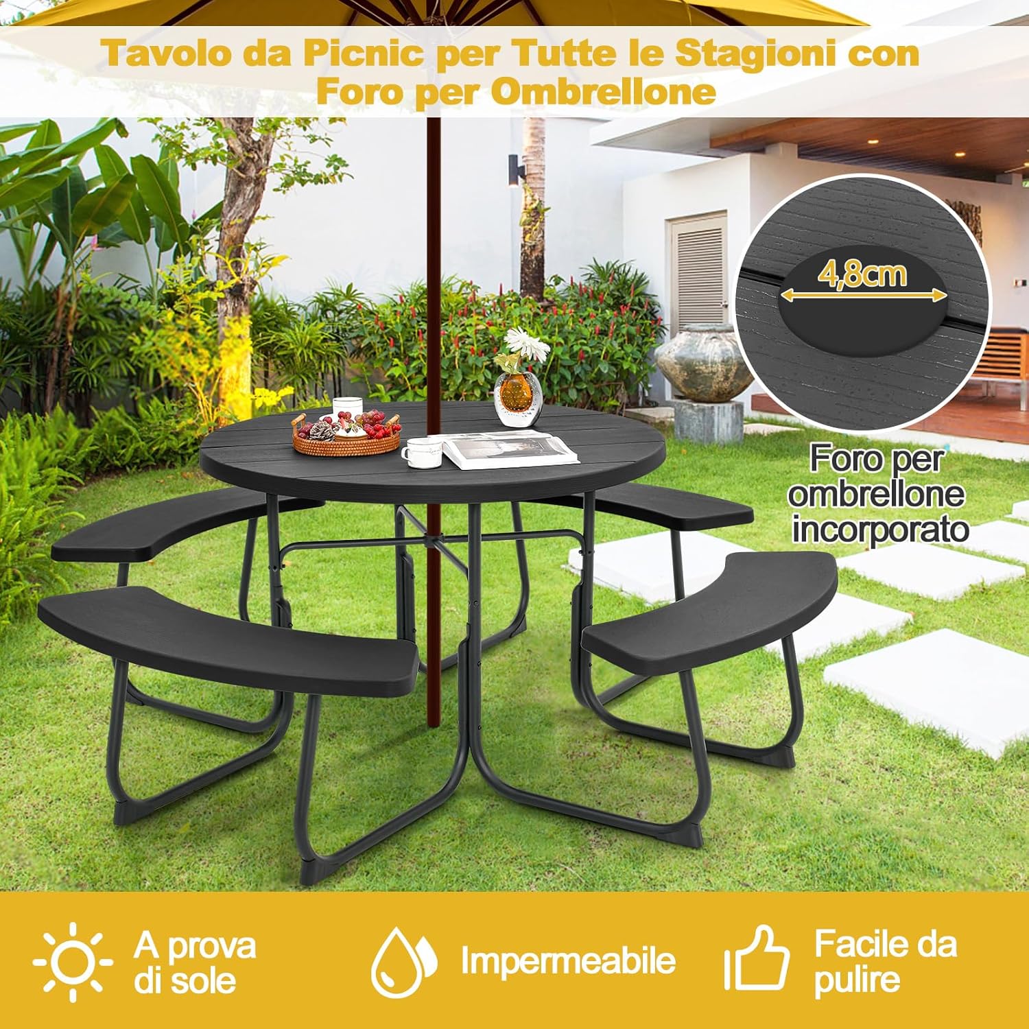 Set Tavolo da Picnic con 8 Posti, Tavolo da Picnic Rotondo con 4 Panche e Foro per Ombrellone, Tavolo da Campeggio Resistente in Metallo, per Giardino, Cortile, Patio (Nero)