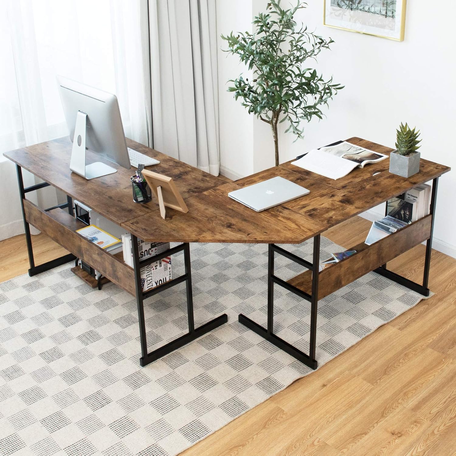 Scrivania Angolare 170 CM, Scrivania per Computer ad Angolo Moderna con Piano Inclinabile, Scaffale Inferiore e Supporto per CPU, Scrivania a Forma di L per Ufficio e Studio (Marrone)