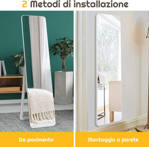 Specchiera da Terra Autoportante a Figura Intera, Specchio Rettangolare, Bianco 160x37cm