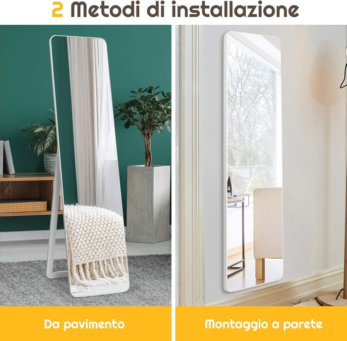Specchiera da Terra Autoportante a Figura Intera, Specchio Rettangolare, Bianco 160x37cm