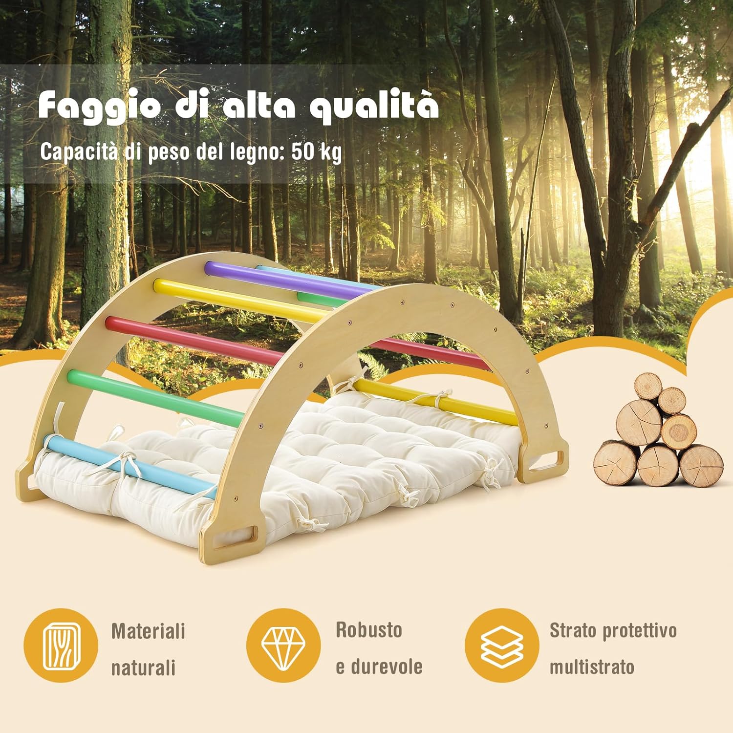 Arco da Arrampicata per Bambini, 2 in 1 Altalena ad Arco in Legno con Cuscino Morbido, Doppia Faccia, Ideale per Bambini 1+ Anni (Colorato)