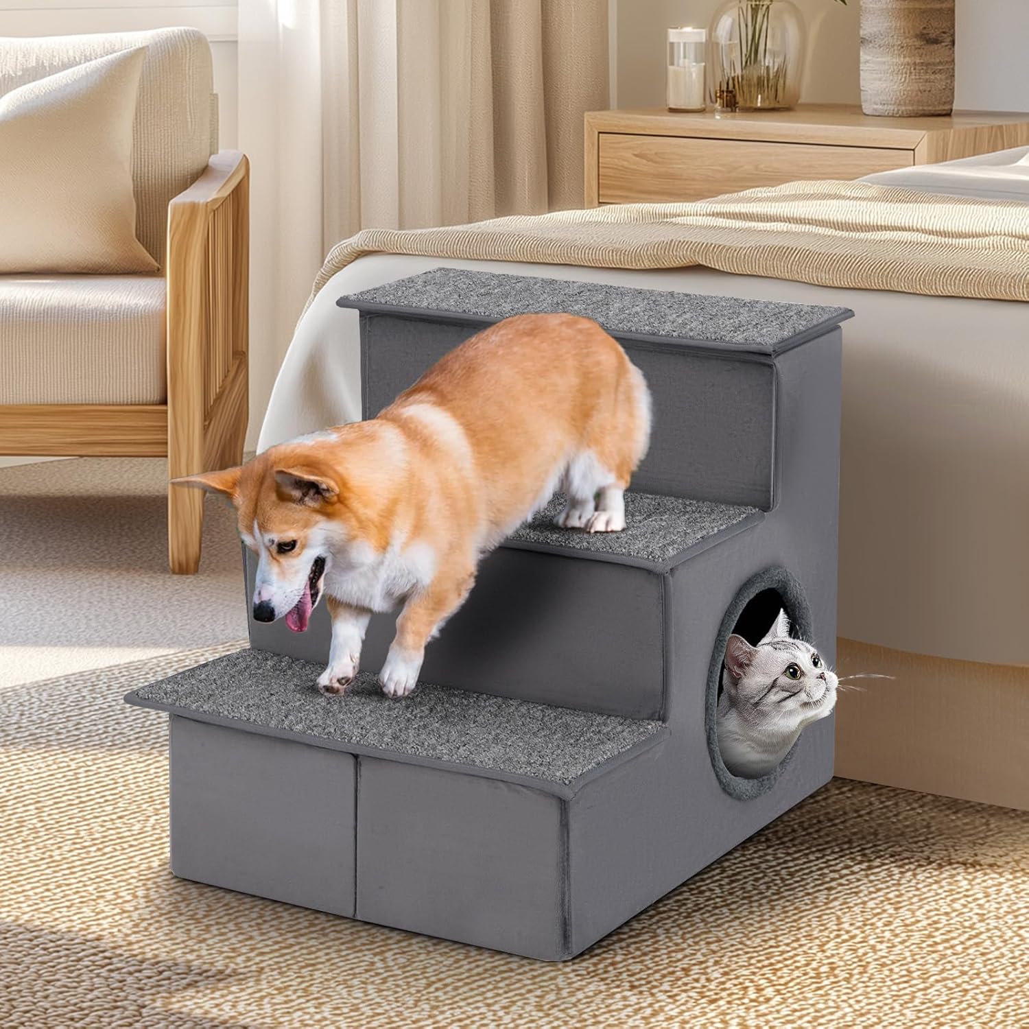 Scala per Cani con Cuccia, Rampe Pieghevole a 3 Gradini con Fondo Antiscivolo per Letti e Divani, Casa per Animali Domestici, Grigio, 42 x 21 x 44 cm