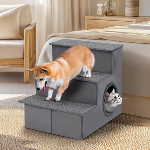 Scala per Cani con Cuccia, Rampe Pieghevole a 3 Gradini con Fondo Antiscivolo per Letti e Divani, Casa per Animali Domestici, Grigio, 42 x 21 x 44 cm