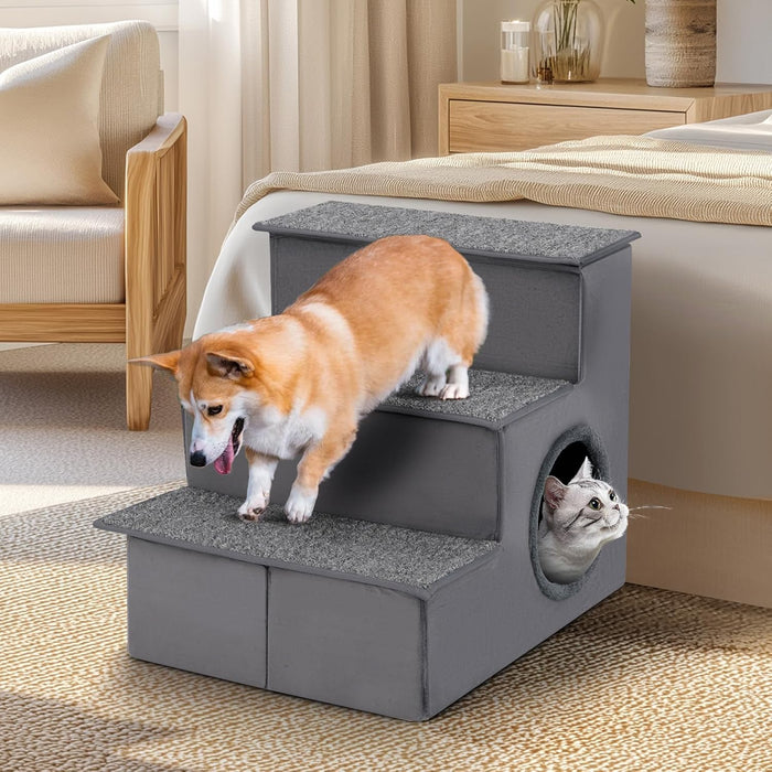 Scala per Cani con Cuccia, Rampe Pieghevole a 3 Gradini con Fondo Antiscivolo per Letti e Divani, Casa per Animali Domestici, Grigio, 42 x 21 x 44 cm