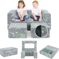 Divano Pieghevole 3 in 1 per Bambini Brilla al Buio, Poltrona Bambini con Rivestimento in Flanella Rimovibile e Lavabile, Pouf per Cameretta (Dinosauro Grigio)