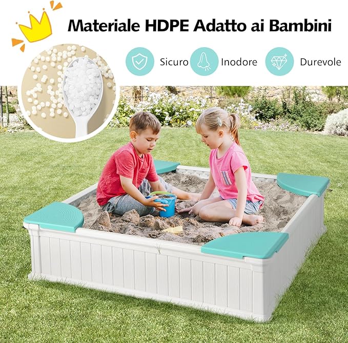 Sabbiera per Bambini, Sabbiera da Cortile con 4 Sedute Angolari e Copertura in Oxford, per Cortile Spiaggia Prato, 123,5 x 123,5 x 31,5 cm