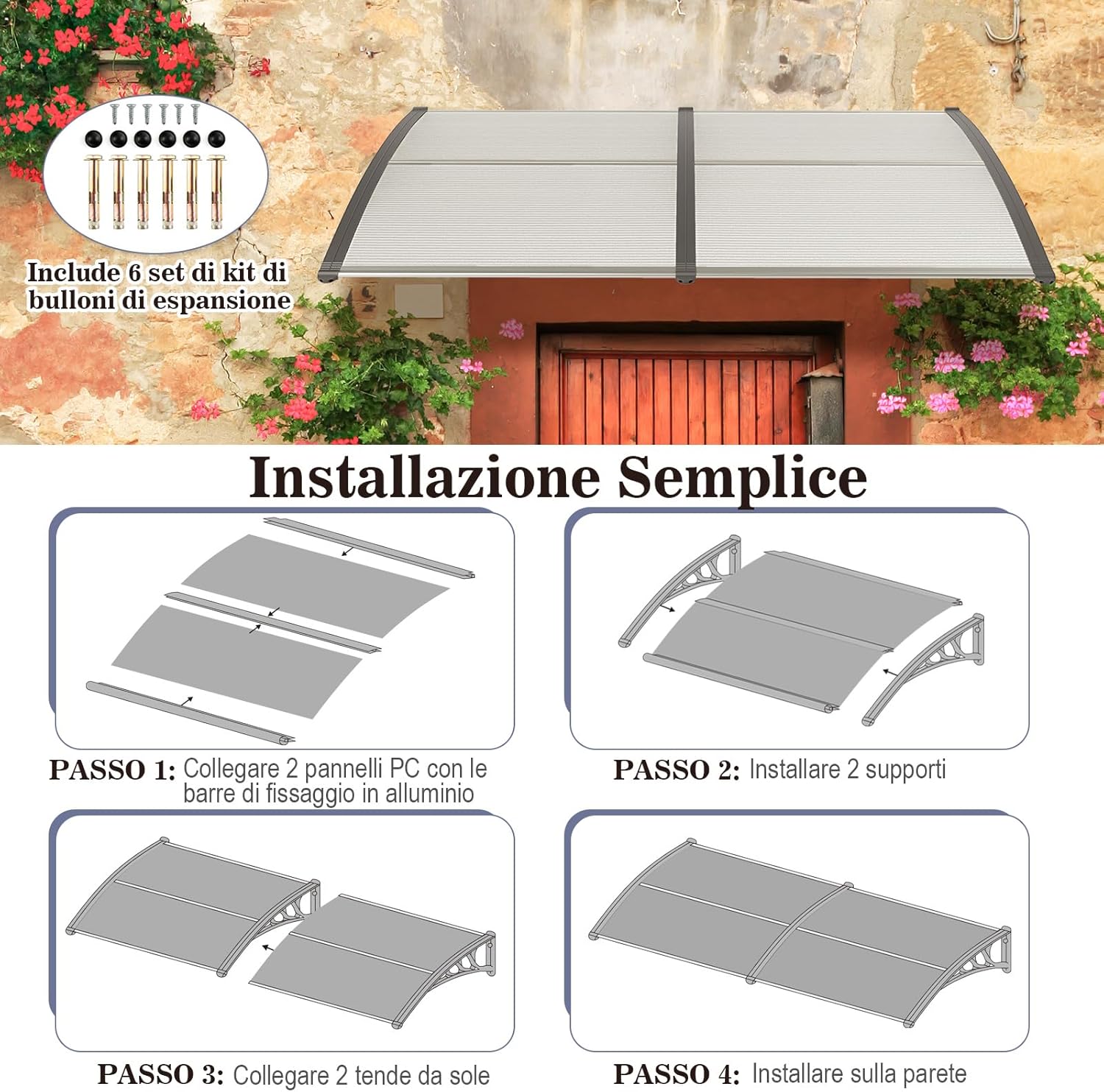 Tettoia per Porta Finestra, Pensilina Tettoia per Porta in Policarbonato, per Protezione da Sole, Pioggia, Neve, per Balcone, Finestre e Porte (Trasparente, 199 x 99 x 28 cm)