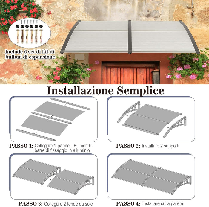 Tettoia per Porta Finestra, Pensilina Tettoia per Porta in Policarbonato, per Protezione da Sole, Pioggia, Neve, per Balcone, Finestre e Porte (Trasparente, 199 x 99 x 28 cm)