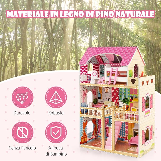 Casa delle Bambole in Legno, Casetta delle Bambole per Bambini, 3 Piani, 6 Stanze Simulate e 15 Pezzi di Mobili, Giocattolo per Bambini 3+ anni, Rosa