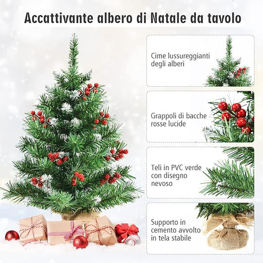Mini Albero di Natale 60/90 cm, Albero di Natale Piccolo con Rami in PVC,12/15 Grappoli di Bacche Rosse, per Casa, Ufficio e Negozio (60 CM)