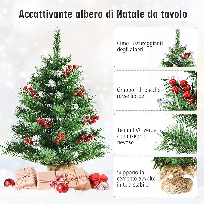 Mini Albero di Natale 60/90 cm, Albero di Natale Piccolo con Rami in PVC,12/15 Grappoli di Bacche Rosse, per Casa, Ufficio e Negozio (60 CM)
