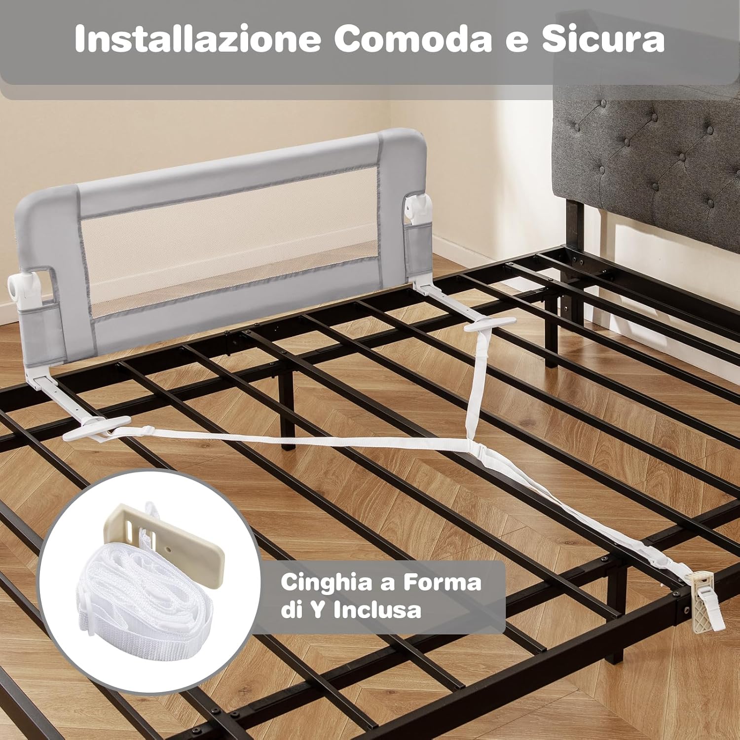 Sponda Letto per Bambini 105/120/150 cm, Barriera di Sicurezza per Neonati, Barriera Letto Pieghevole e Portatile, con Cinghia di Sicurezza (Grigio, 105 x 38 x 43 cm)