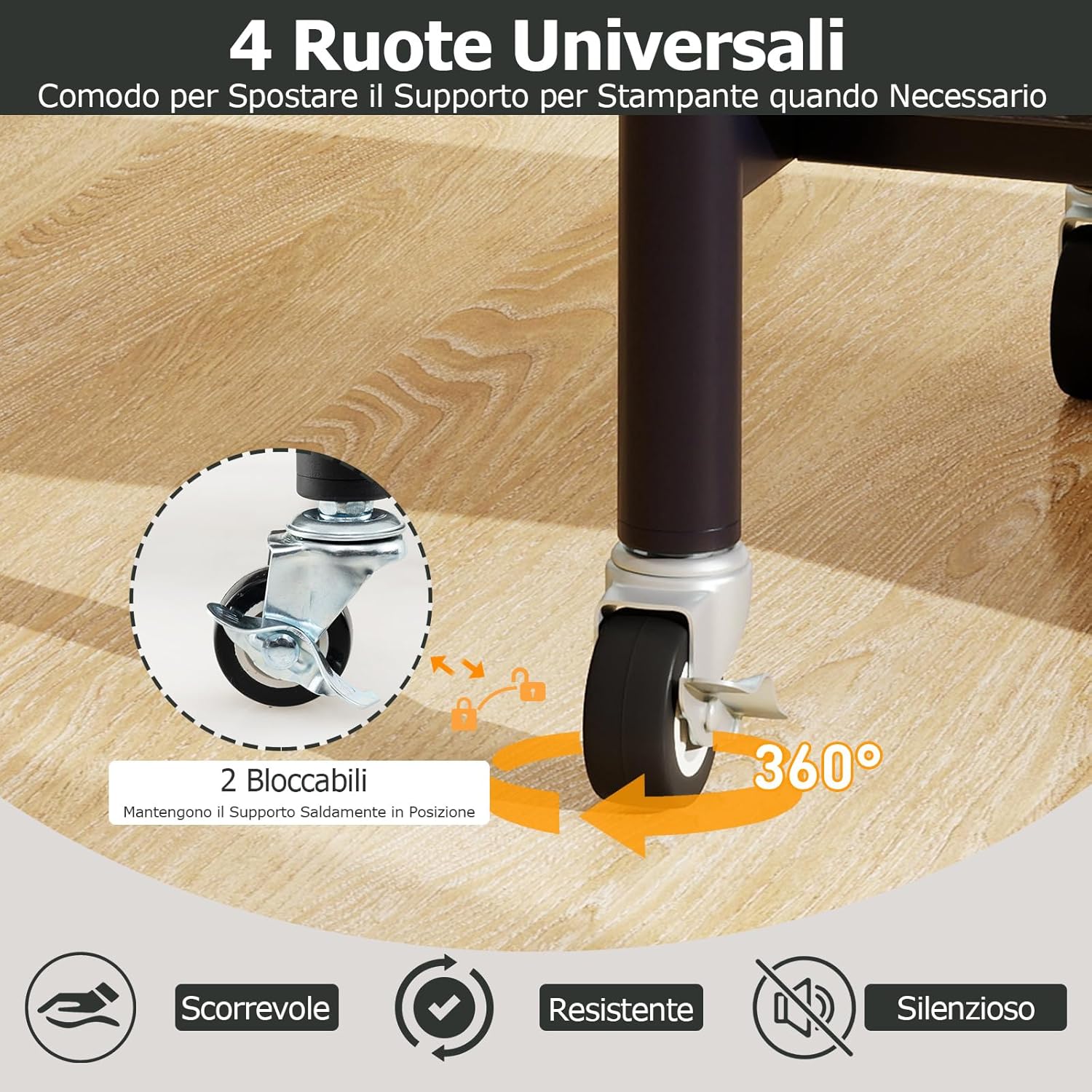 Supporto per Stampante, Carrello Stampante a 3 Livelli con Ripiani di Stoccaggio e Ruote con Blocco, Altezza Regolabile, per Stampante 3D Scanner Fax, 49 x 40 x 65/77 cm (Nero)