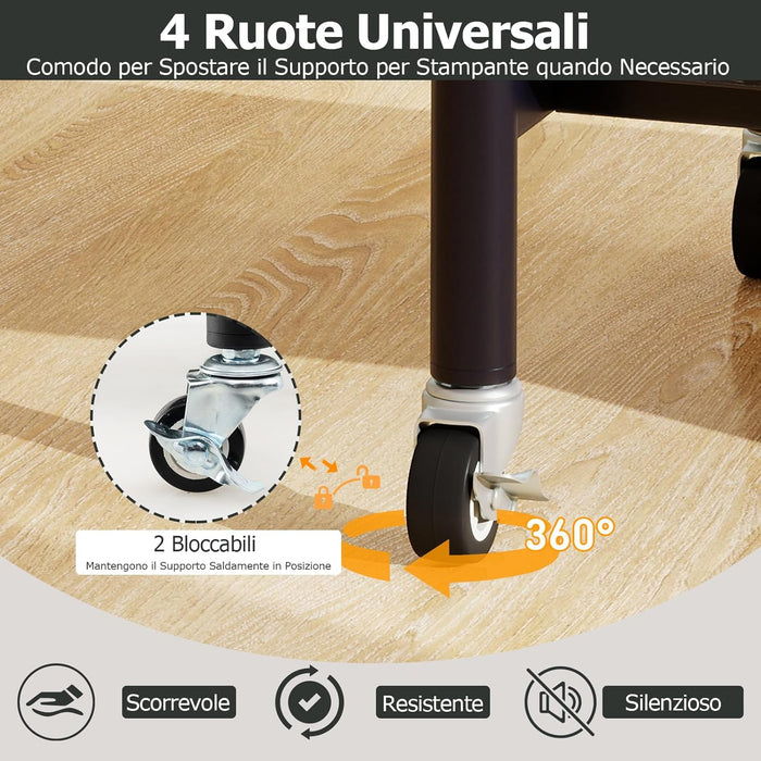Supporto per Stampante, Carrello Stampante a 3 Livelli con Ripiani di Stoccaggio e Ruote con Blocco, Altezza Regolabile, per Stampante 3D Scanner Fax, 49 x 40 x 65/77 cm (Nero)