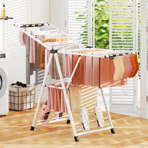 Stendibiancheria con 18 Barra, Stendino Pieghevole in Metallo con Ali Regolabili in Altezza, Clips per Calzini, Supporto per Abbigliamento Autoposante a Ali per Interno Esterno (Bianco)