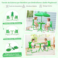 Set Tavolo da Giardino Bambini con 2 Sedie Pieghevoli, Tavolino da Esterno con Ombrellone in Poliestere Regolabile in Altezza, Set Mobili da Giardino per Bambini 3-6 Anni (Rana, Verde)