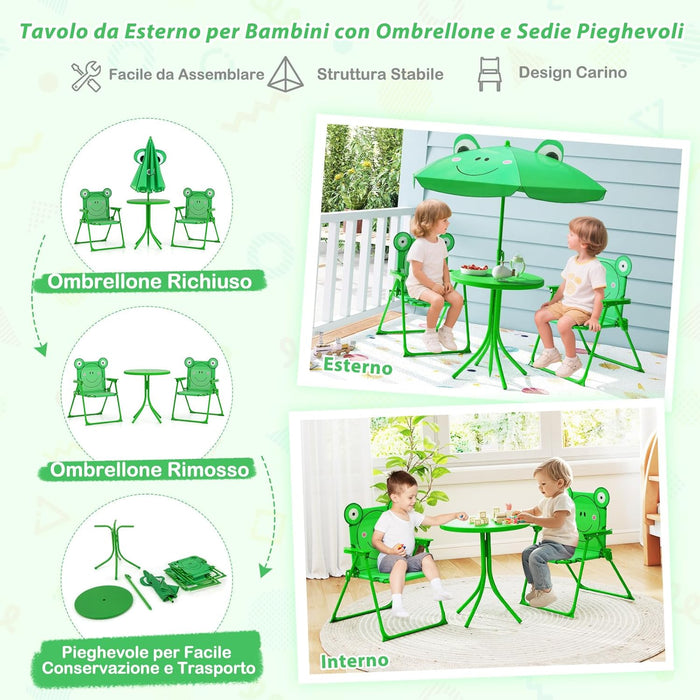 Set Tavolo da Giardino Bambini con 2 Sedie Pieghevoli, Tavolino da Esterno con Ombrellone in Poliestere Regolabile in Altezza, Set Mobili da Giardino per Bambini 3-6 Anni (Rana, Verde)