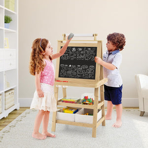 3 in 1 Cavalletto per Bambini con Doppia Faccia, Cavalletto per Disegno con 2 Vassoi e 2 Scatole, Lavagna Bambini in Legno (Naturale)