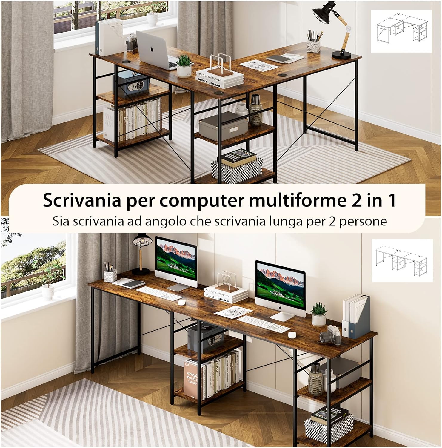 Scrivania Angolare per Computer con Supporto per Monitor, Scrivania Porta PC in Legno, Scrivania Salvaspazio e Moderna per Ufficio e Studio, 242 x 60 x 75 cm (Marrone)