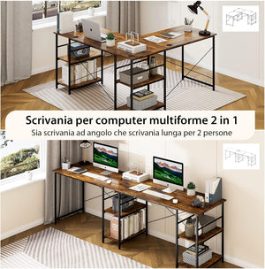 Scrivania Angolare per Computer con Supporto per Monitor, Scrivania Porta PC in Legno, Scrivania Salvaspazio e Moderna per Ufficio e Studio, 242 x 60 x 75 cm (Marrone)