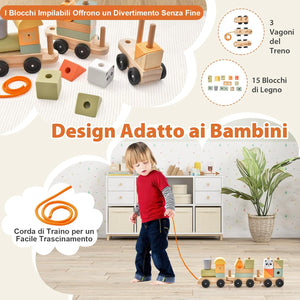 Trenino in Legno, Trenino Giocattolo a 3 Sezioni con Blocchi Impilabili, Corda di Traino, Design a Gancio, Trenino Giocattolo Educativo per Bambini 3 Anni+