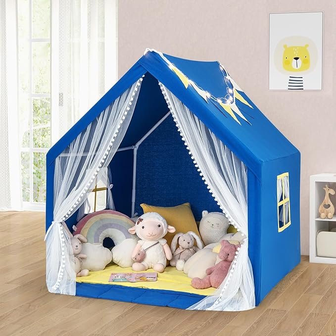 Tenda da Gioco per Bambini, Casetta per Bambini con Tappeto in Cotone Lavabile Luci Stellari e Finestre, Tenda del Castello, 122x105x125 cm (Blu)