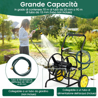 Carrello Avvolgitubo da Giardino, Capacità di 70 m per Tubi da 20 mm, Carrello per Tubo da Esterno in Metallo Robusto con 2 Ruote e Cestino Portaoggetti, per Giardino, Prato e Patio (Nero)