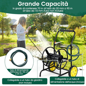 Carrello Avvolgitubo da Giardino, Capacità di 70 m per Tubi da 20 mm, Carrello per Tubo da Esterno in Metallo Robusto con 2 Ruote e Cestino Portaoggetti, per Giardino, Prato e Patio (Nero)