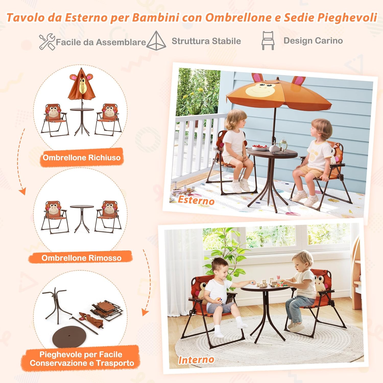Set Tavolo da Giardino Bambini con 2 Sedie Pieghevoli, Tavolino da Esterno con Ombrellone in Poliestere Regolabile in Altezza, Set Mobili da Giardino per Bambini 3-6 Anni (Scimmia, Marrone)