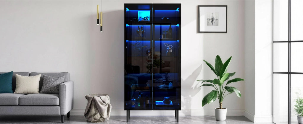 Vetrina con 2 ante in vetro, LED controllato da app, 2 cassetti e ripiani, per soggiorno, nero, 70 × 36 × 170 cm