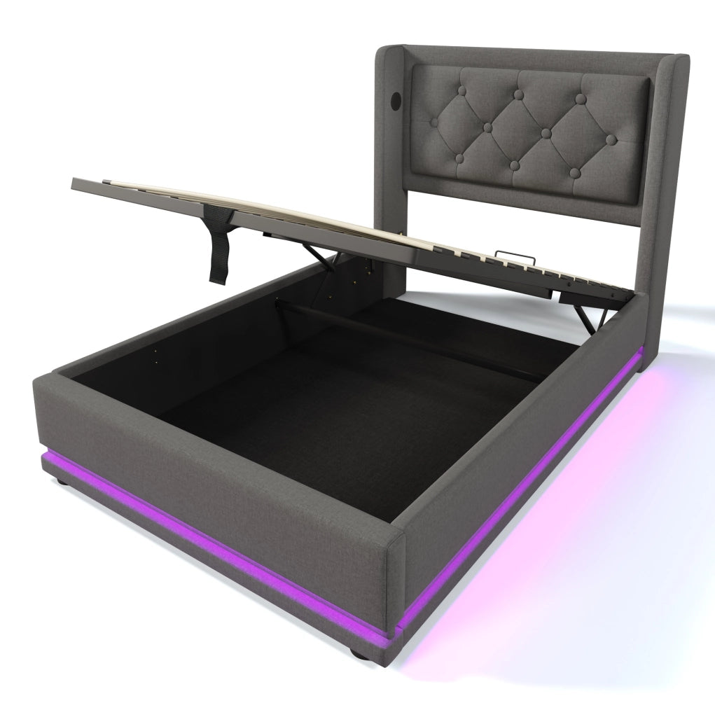 Letto singolo imbottito 90x200 cm con contenitore; testiera con USB e LED; grigio in cotone